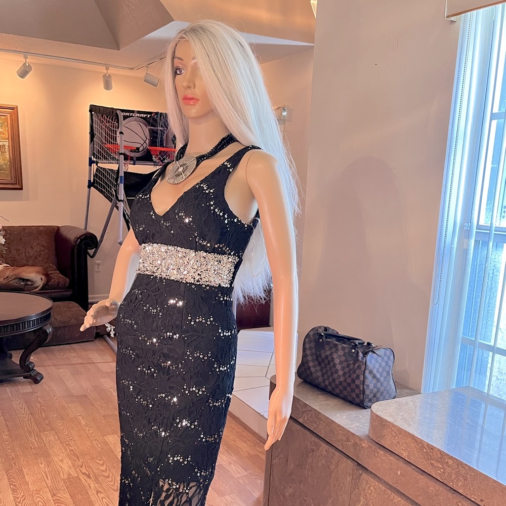 My Michelle size 5 Pretty black lace and sequin gown purchased from macys